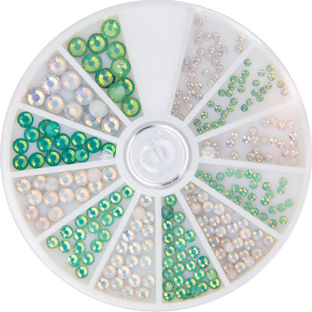 (Codice: 118320) FROSTED RHINESTONES WHITE & GREEN 6 SIZES 270PCS